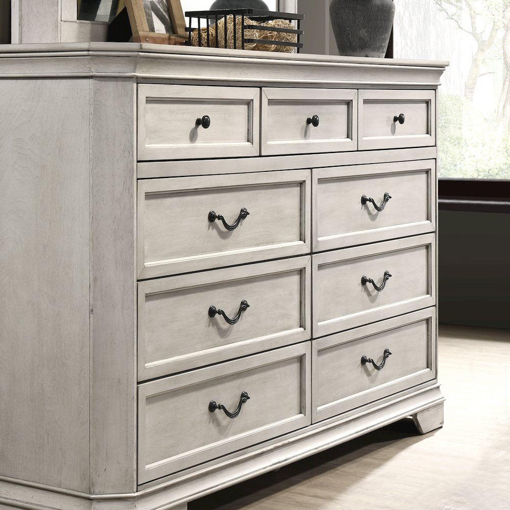 Maderne Wood 7-Drawer Dresser with Mirror, Antique White Finish