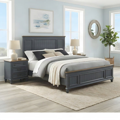 Wood Bedroom Suite, Shiplap Panel Bed, Nightstands, Blue, King, 3 Piece Set