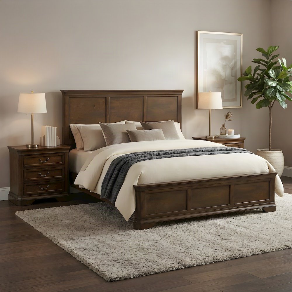 Wooden King Panel Bed with Tall Headboard and 2 Nightstands, 3 Piece Set, Walnut