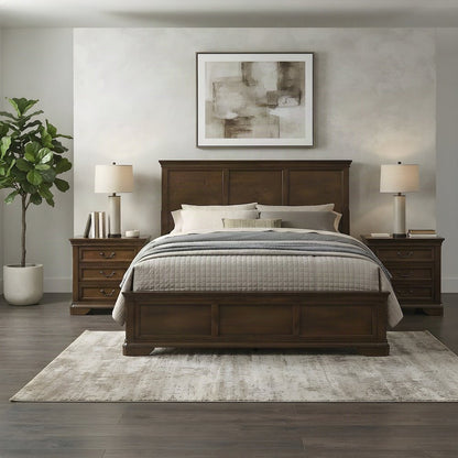 Wooden King Panel Bed with Tall Headboard and 2 Nightstands, 3 Piece Set, Walnut