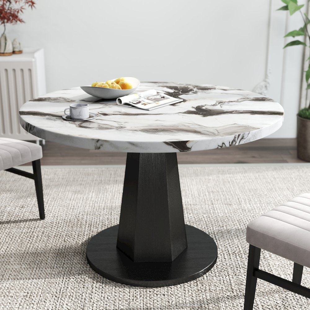 5-Piece Dining Set, Off-White Faux Marble Dining Table with Four Chairs, Tan
