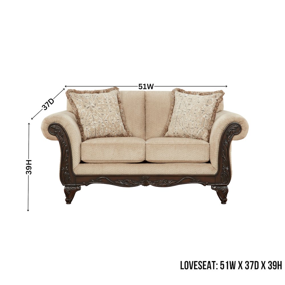 Hernen Carved Wood Frame Loveseat, Emma Wheat