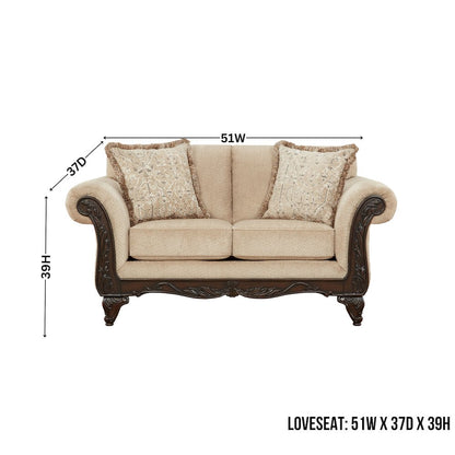 Hernen Carved Wood Frame Loveseat, Emma Wheat