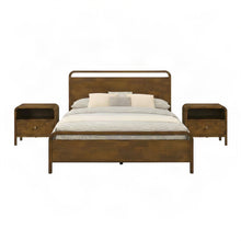 Rubberwood Queen Platform Bed and Nightstands, Mid-Century Modern, Walnut
