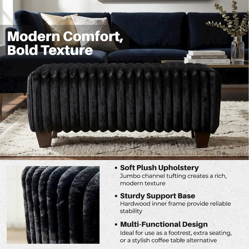 Nolan Contemporary Upholstered Cocktail Ottoman, Lush Black
