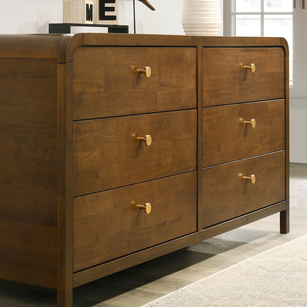 Eldren 6-Drawer Wood Dresser with Solid Rubberwood Frame, Walnut Finish
