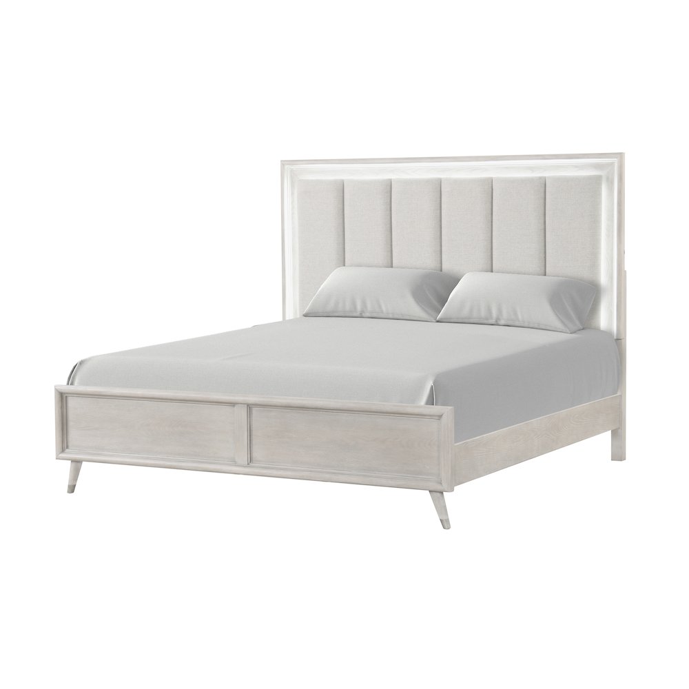 Seluna LED Lighting Panel Bed, Upholstered Headboard, Gray Oak Finish, King
