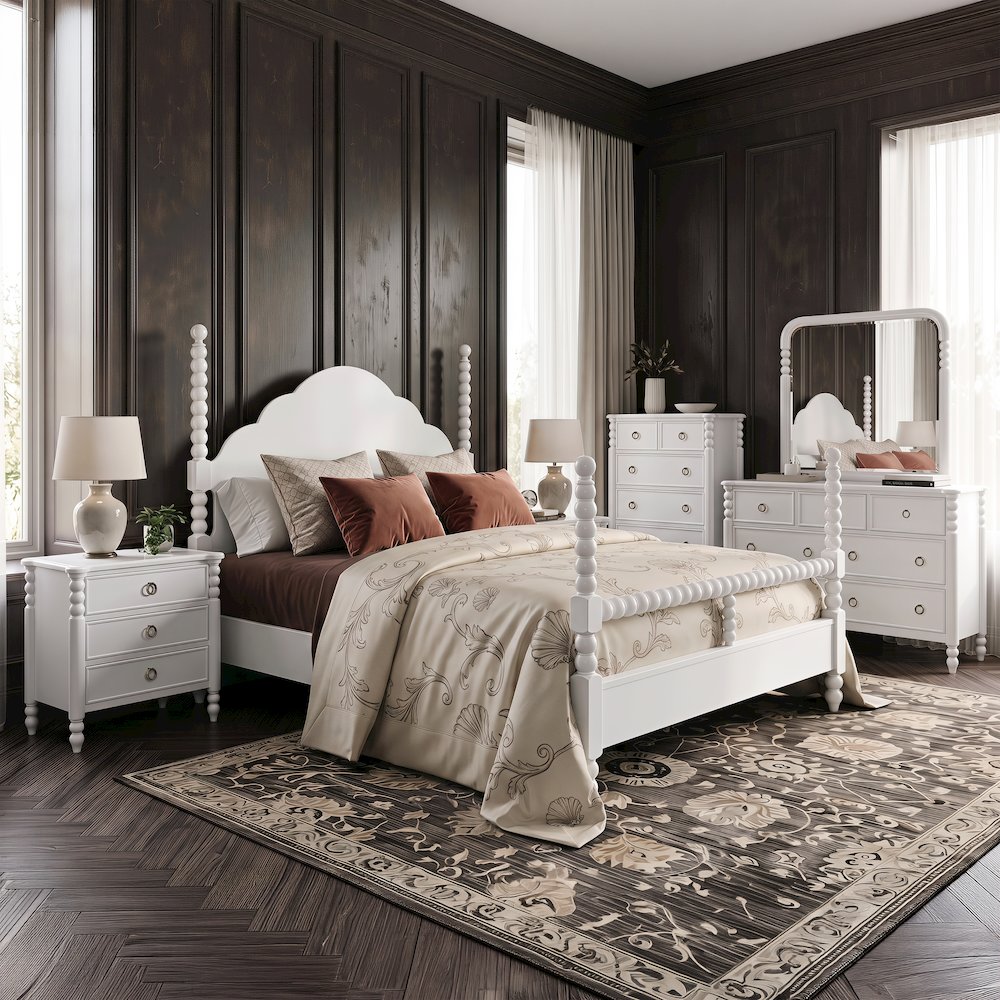 Avellune 6pc Bedroom Set: King Bed Dresser, Mirror, 2 Nightstands, Chest, White