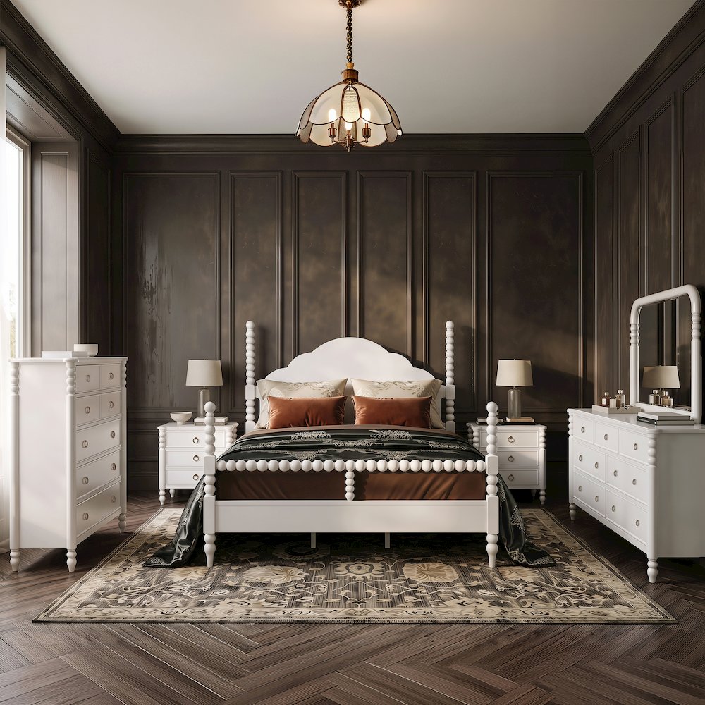 Avellune 6pc Bedroom Set: King Bed Dresser, Mirror, 2 Nightstands, Chest, White
