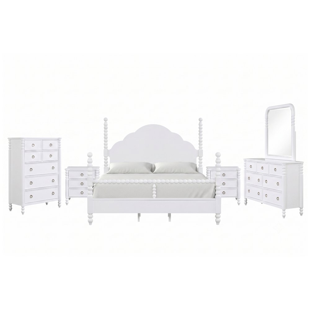 Avellune 6pc Bedroom Set: King Bed Dresser, Mirror, 2 Nightstands, Chest, White