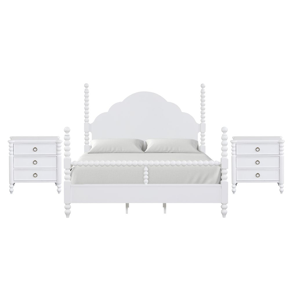 Avellune 3pc Bedroom Set: King Post Bed and 2 Nightstands, White Finish