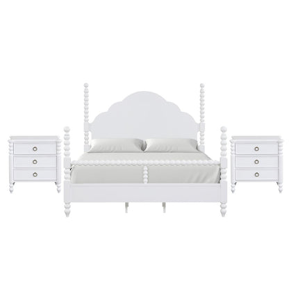 Avellune 3pc Bedroom Set: King Post Bed and 2 Nightstands, White Finish
