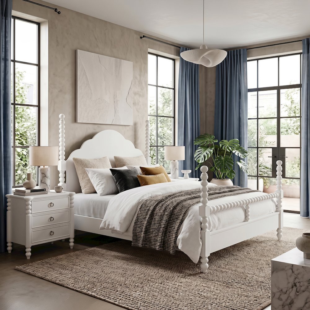 Avellune 3pc Bedroom Set: King Post Bed and 2 Nightstands, White Finish