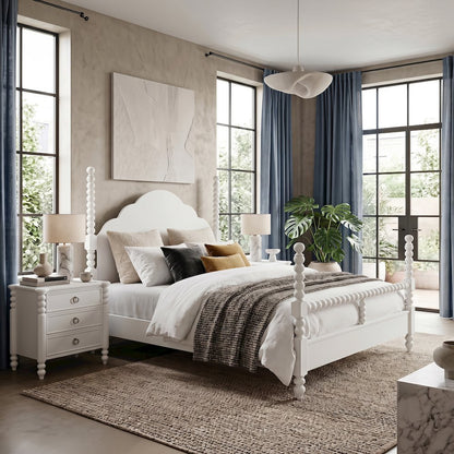 Avellune 3pc Bedroom Set: King Post Bed and 2 Nightstands, White Finish