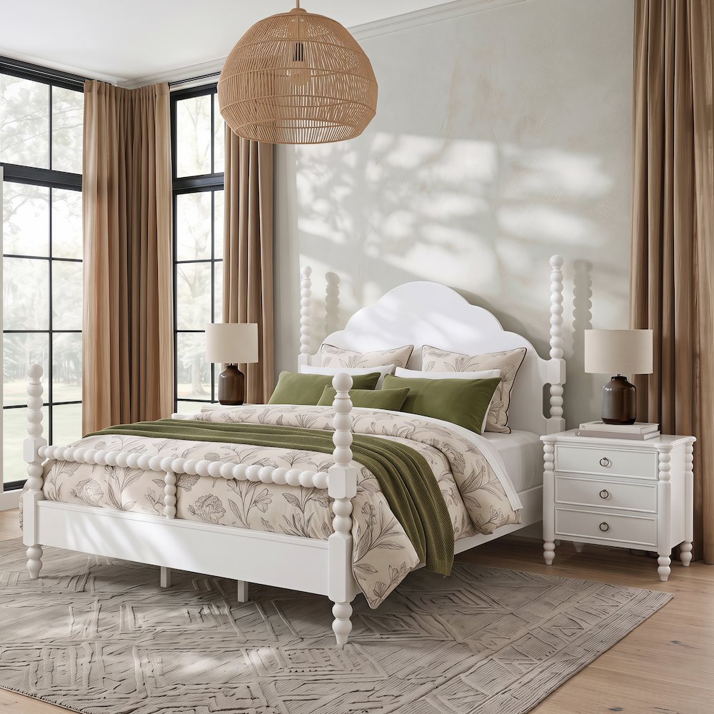 Avellune 3pc Bedroom Set: King Post Bed and 2 Nightstands, White Finish
