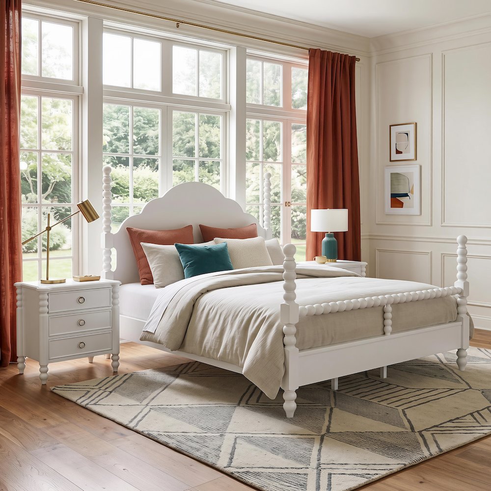 Avellune 3pc Bedroom Set: King Post Bed and 2 Nightstands, White Finish