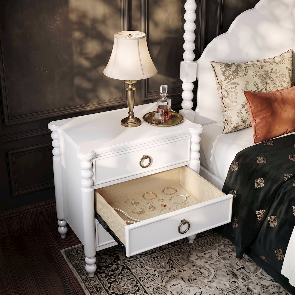Avellune 3pc Bedroom Set: King Post Bed and 2 Nightstands, White Finish