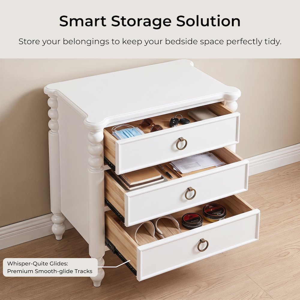 Avellune 3pc Bedroom Set: King Post Bed and 2 Nightstands, White Finish
