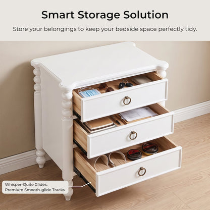 Avellune 3pc Bedroom Set: King Post Bed and 2 Nightstands, White Finish