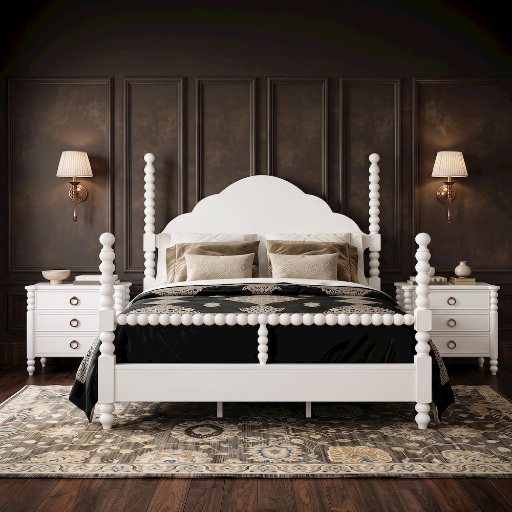 Avellune 3pc Bedroom Set: King Post Bed and 2 Nightstands, White Finish