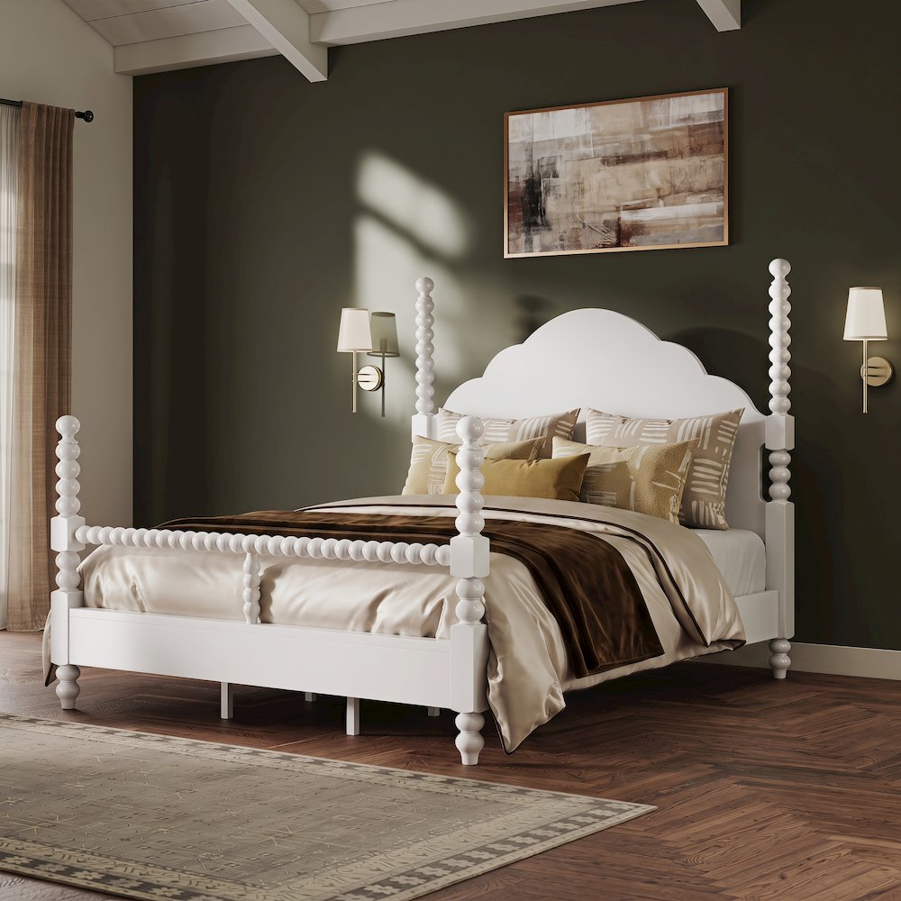 Avellune Wood Poster Bed with 3 Heights, Scalloped Headboard, Queen Size