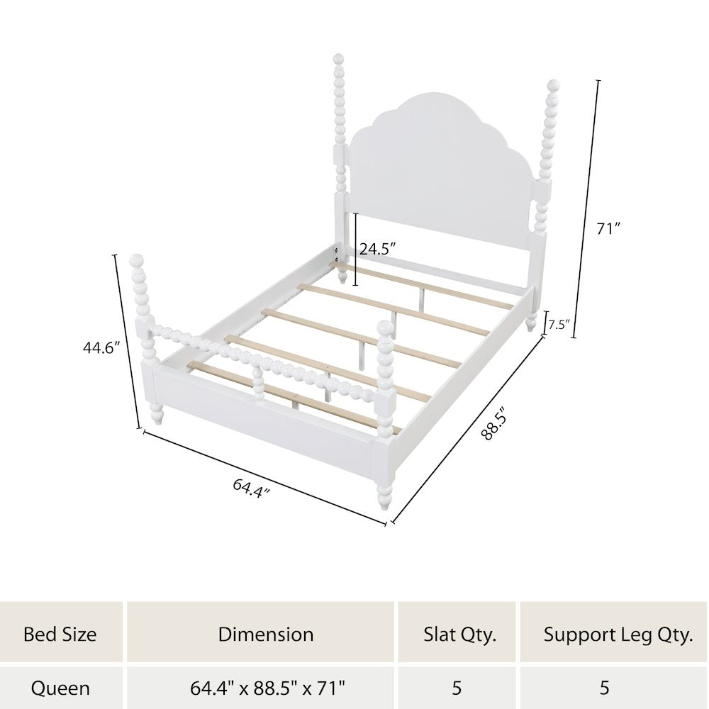 Avellune Wood Poster Bed with 3 Heights, Scalloped Headboard, Queen Size