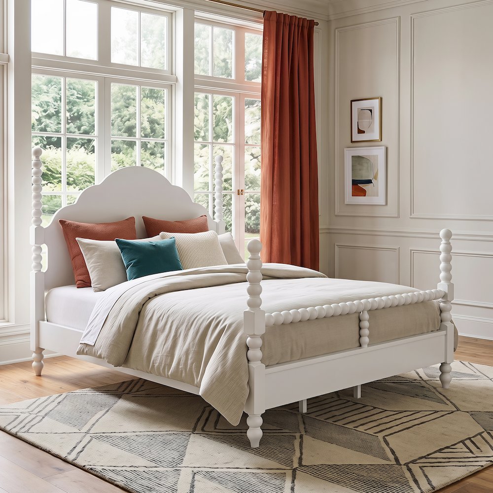 Avellune Wood Poster Bed with 3 Heights, Scalloped Headboard, Queen Size