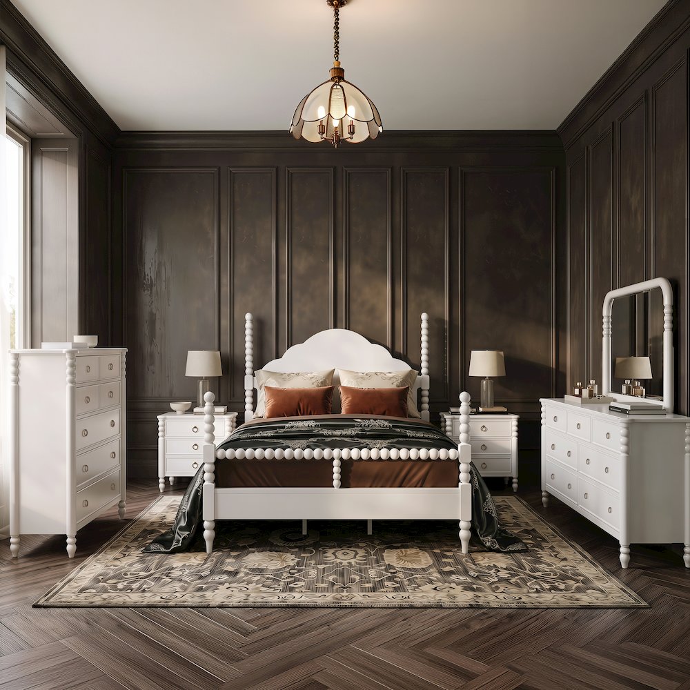 Avellune 6pc Bedroom Set: Queen Bed Dresser, Mirror, 2 Nightstands, Chest, White