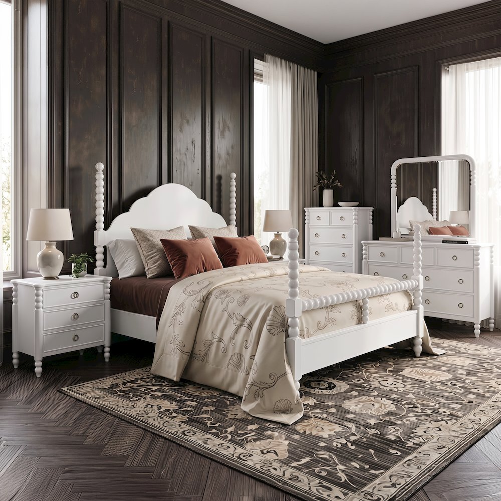 Avellune 6pc Bedroom Set: Queen Bed Dresser, Mirror, 2 Nightstands, Chest, White