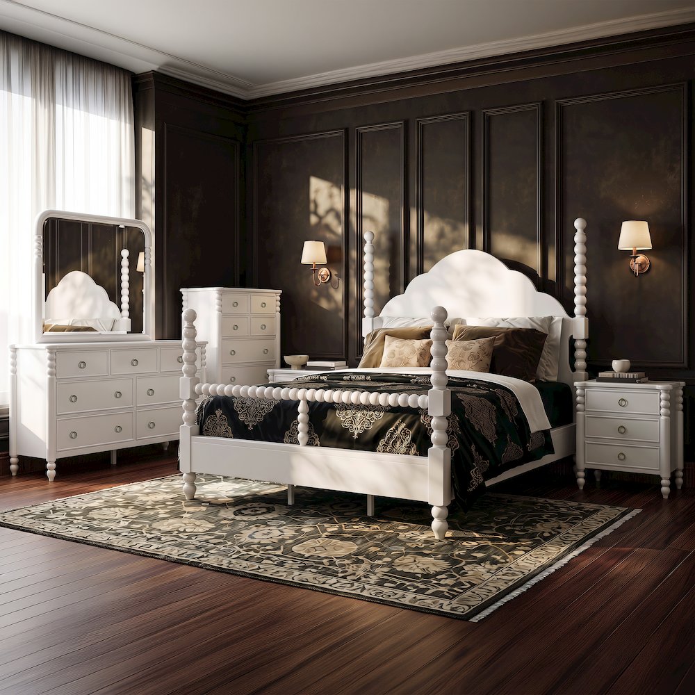 Avellune 6pc Bedroom Set: Queen Bed Dresser, Mirror, 2 Nightstands, Chest, White