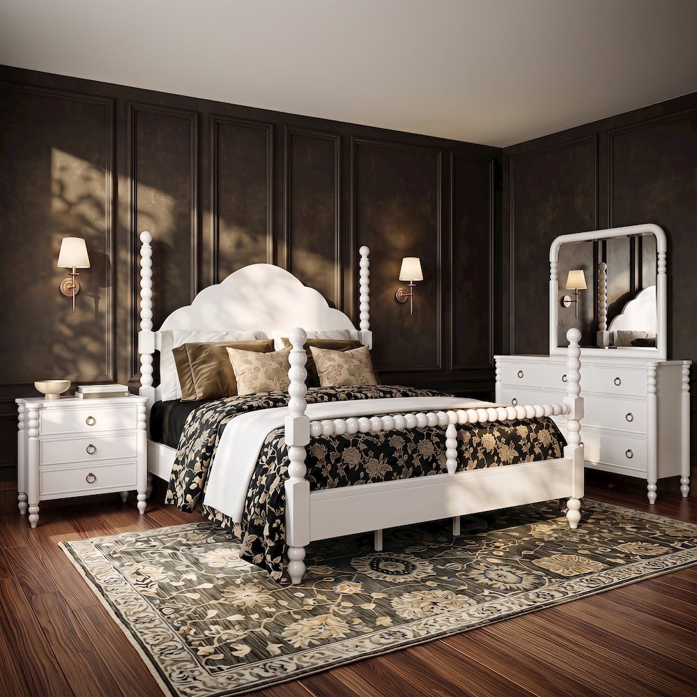 Avellune 4pc Bedroom Set: Queen Bed 3 Heights Dresser, Mirror, Nightstand, White