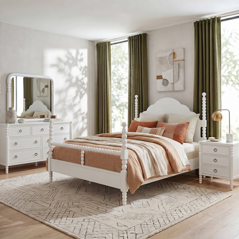 Avellune 4pc Bedroom Set: Queen Bed 3 Heights Dresser, Mirror, Nightstand, White