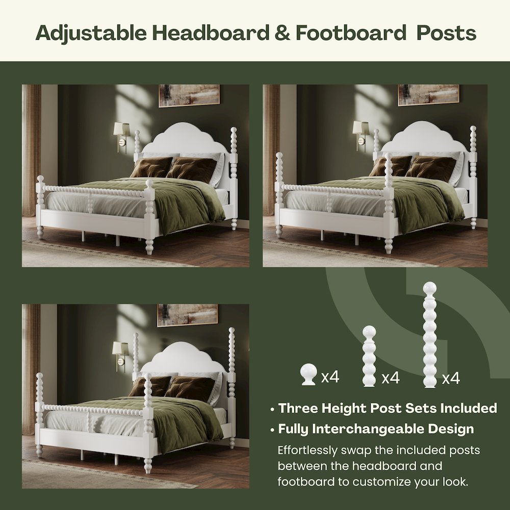 Avellune 4pc Bedroom Set: Queen Bed 3 Heights Dresser, Mirror, Nightstand, White