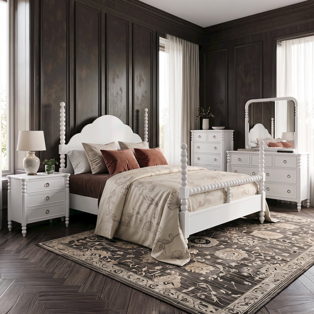 Avellune 5pc Bedroom Set: Queen Bed, Dresser, Mirror, Nightstand, Chest, White