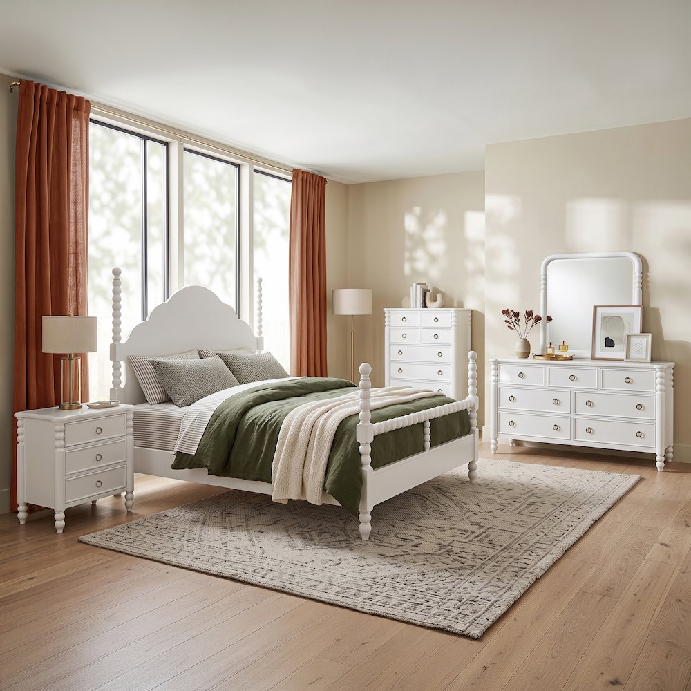 Avellune 5pc Bedroom Set: Queen Bed, Dresser, Mirror, Nightstand, Chest, White