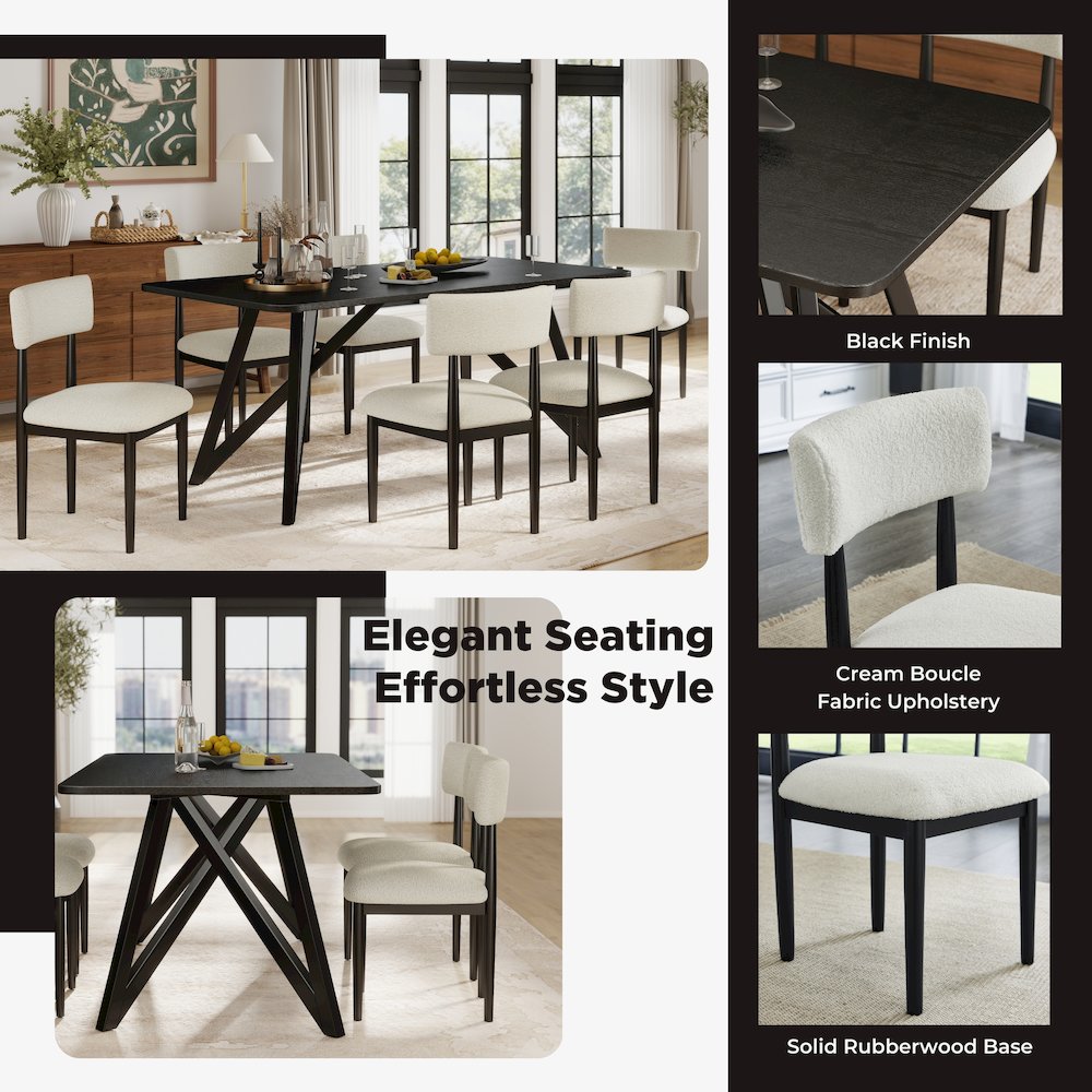 Axler 7-Piece Dining Set, Tripod-Cross Dining Table with 6 Boucle Chairs, Black