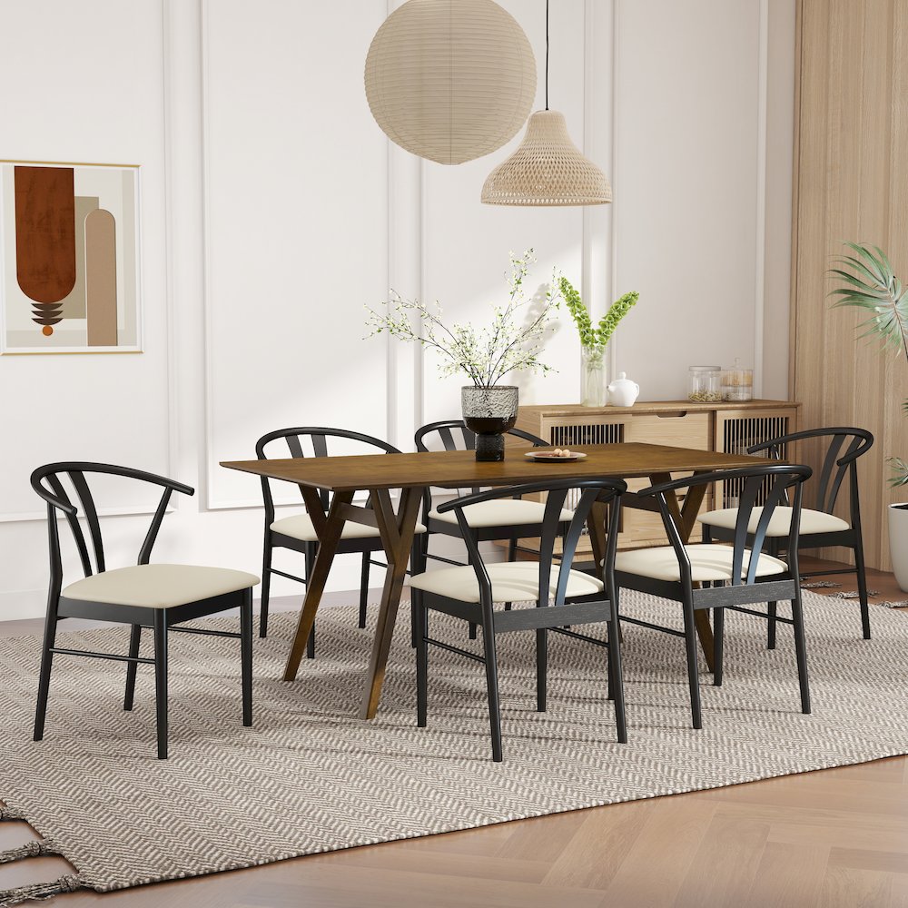7-Piece Dining Set, Walnut Finished Dining Table with 6 Black Wishbone Chairs