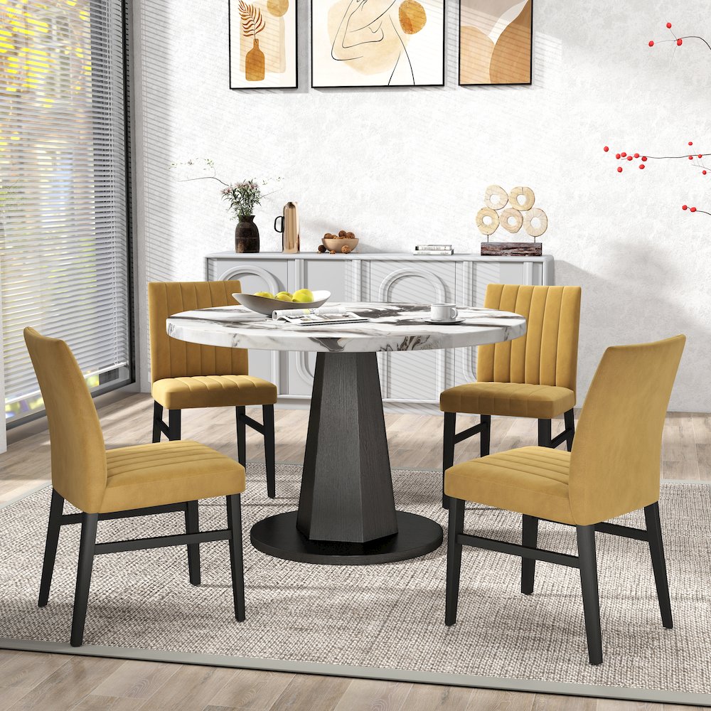 5-Piece Dining Set, Off-White Faux Marble Dining Table with Four Chairs, Yellow