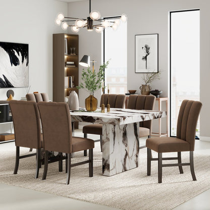Cavira 7-PC Modern Faux Marble Dining Set, Double Pedestal Table with 6 Chairs