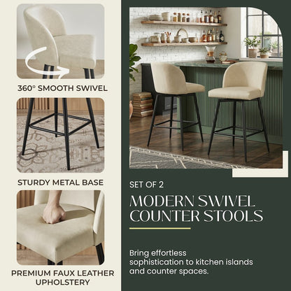 Rhythm Upholstered Counter Height Stool, 360° Swivel, Set of 2, Beige