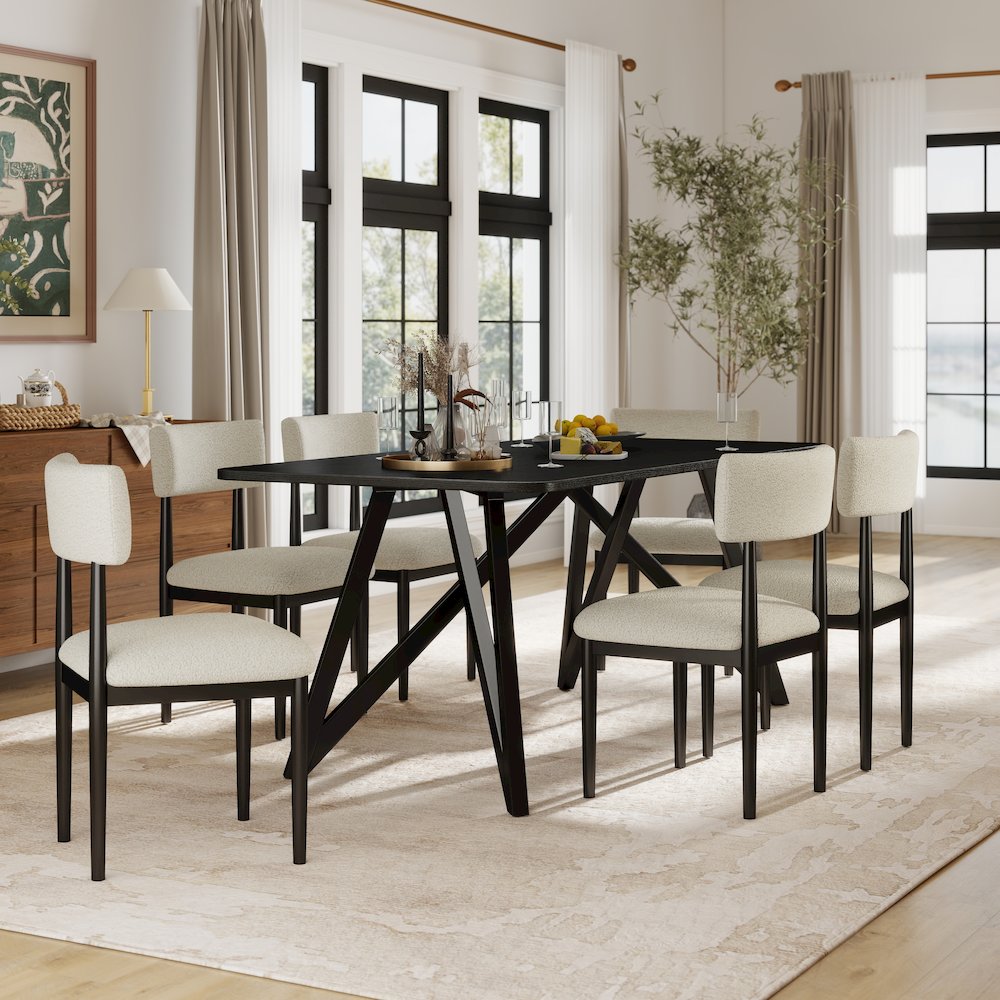 Axler 7-Piece Dining Set, Tripod-Cross Dining Table with 6 Boucle Chairs, Black