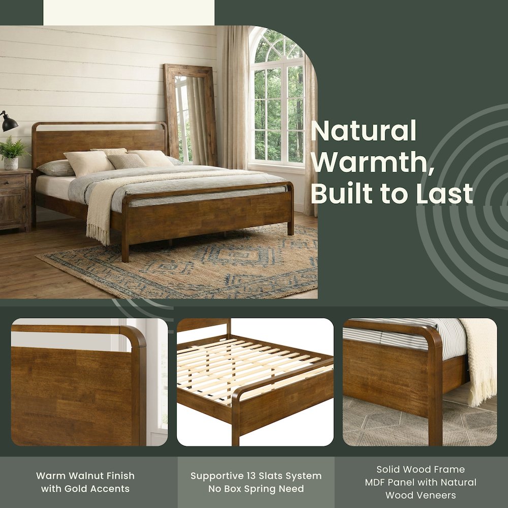 Eldren Wood Platform Bed in Walnut Finish, Queen