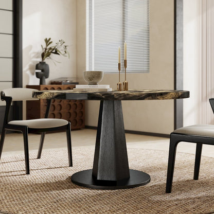 Cavira Modern Faux Marble Dining Table with Wood Pedestal Base, Black and Gold