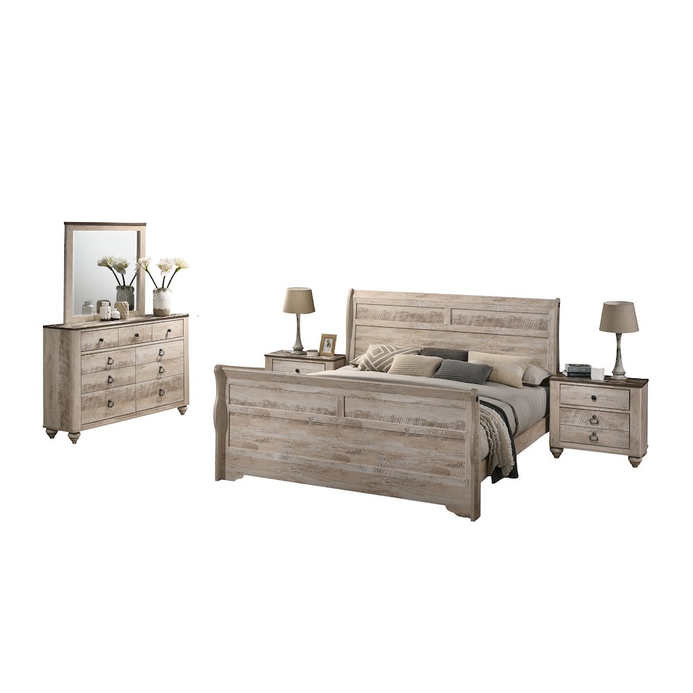 White Wash Finish Bedroom Set with Queen Bed, Dresser, Mirror, Two Nightstands
