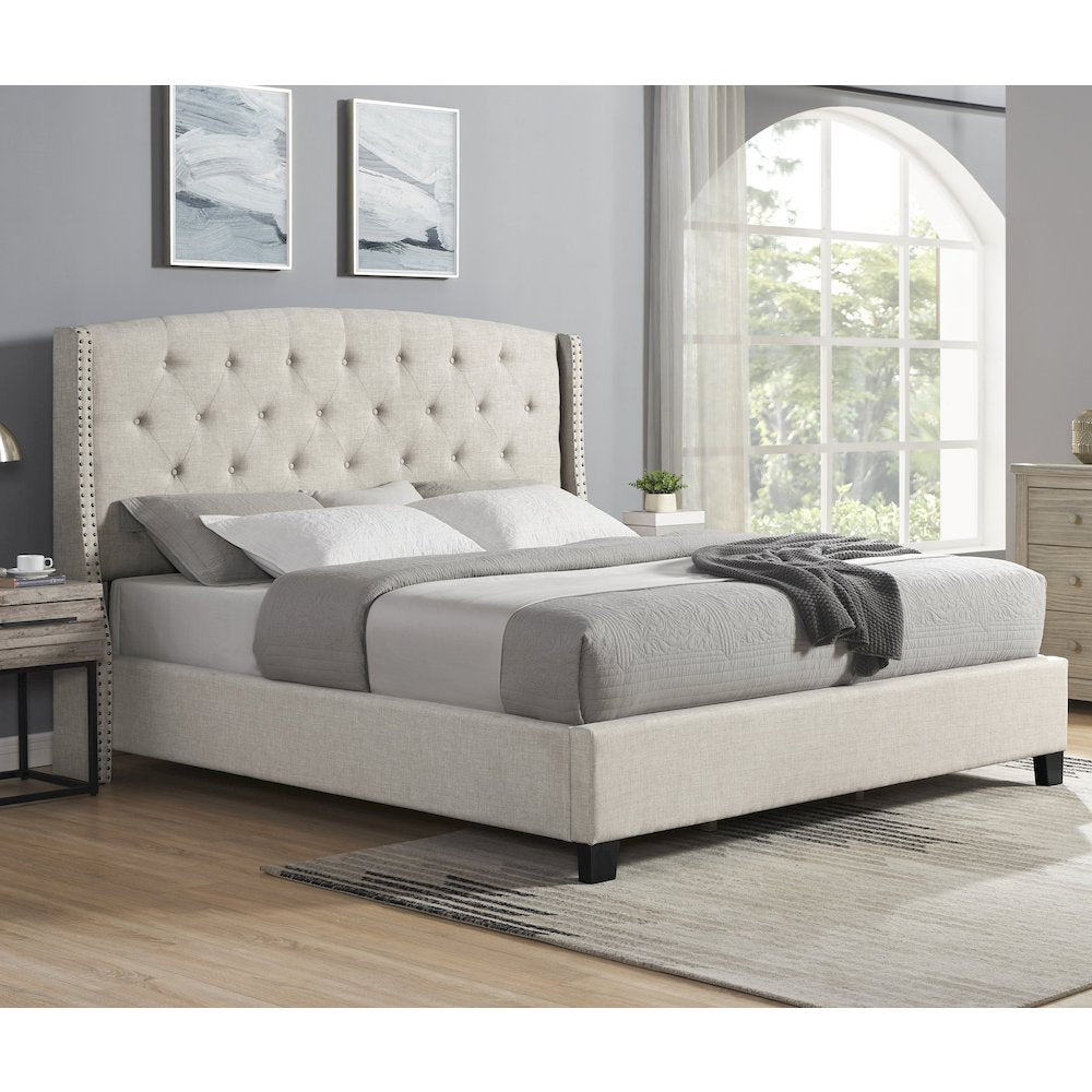 Nantarre Fabric Button Tufted Wingback Queen Bed with Nail Head Trim, Tan