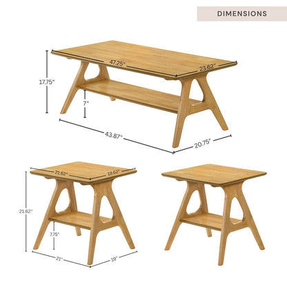 3-Piece Coffee Table Set, Coffee Table and Two End Tables, Natural Oak Finish