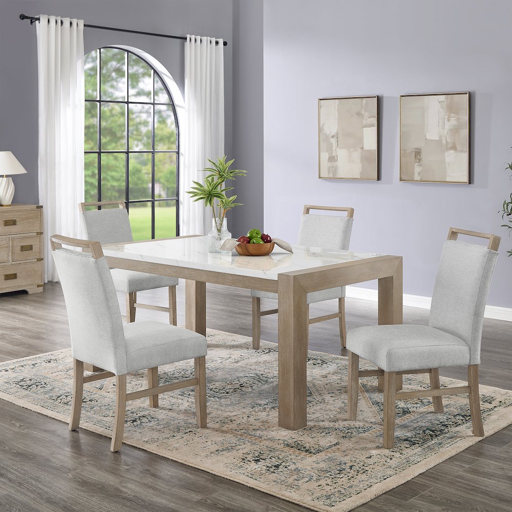 Zelalle 5-PC Dining Set, Faux Marble Table, 4 Chairs, White Wired-Brushed Finish