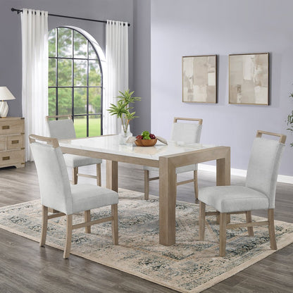 Zelalle 5-PC Dining Set, Faux Marble Table, 4 Chairs, White Wired-Brushed Finish