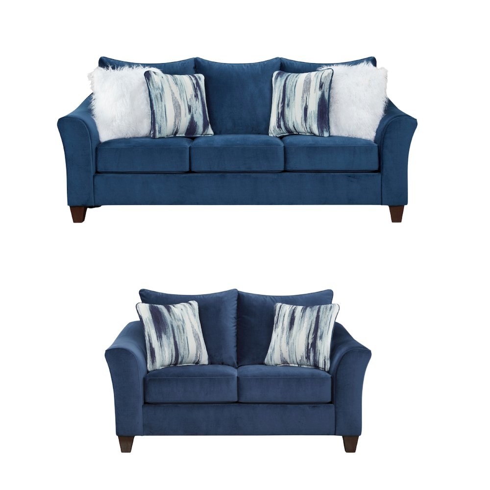 Camero Fabric Pillowback Sofa and Loveseat Set in Navy Blue