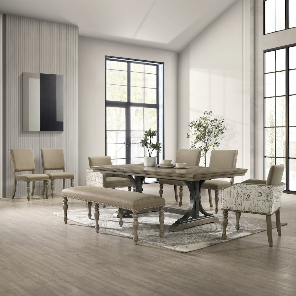 8-Piece Extendable Table with Nailhead Bench and Armchairs Dining Set, Driftwood